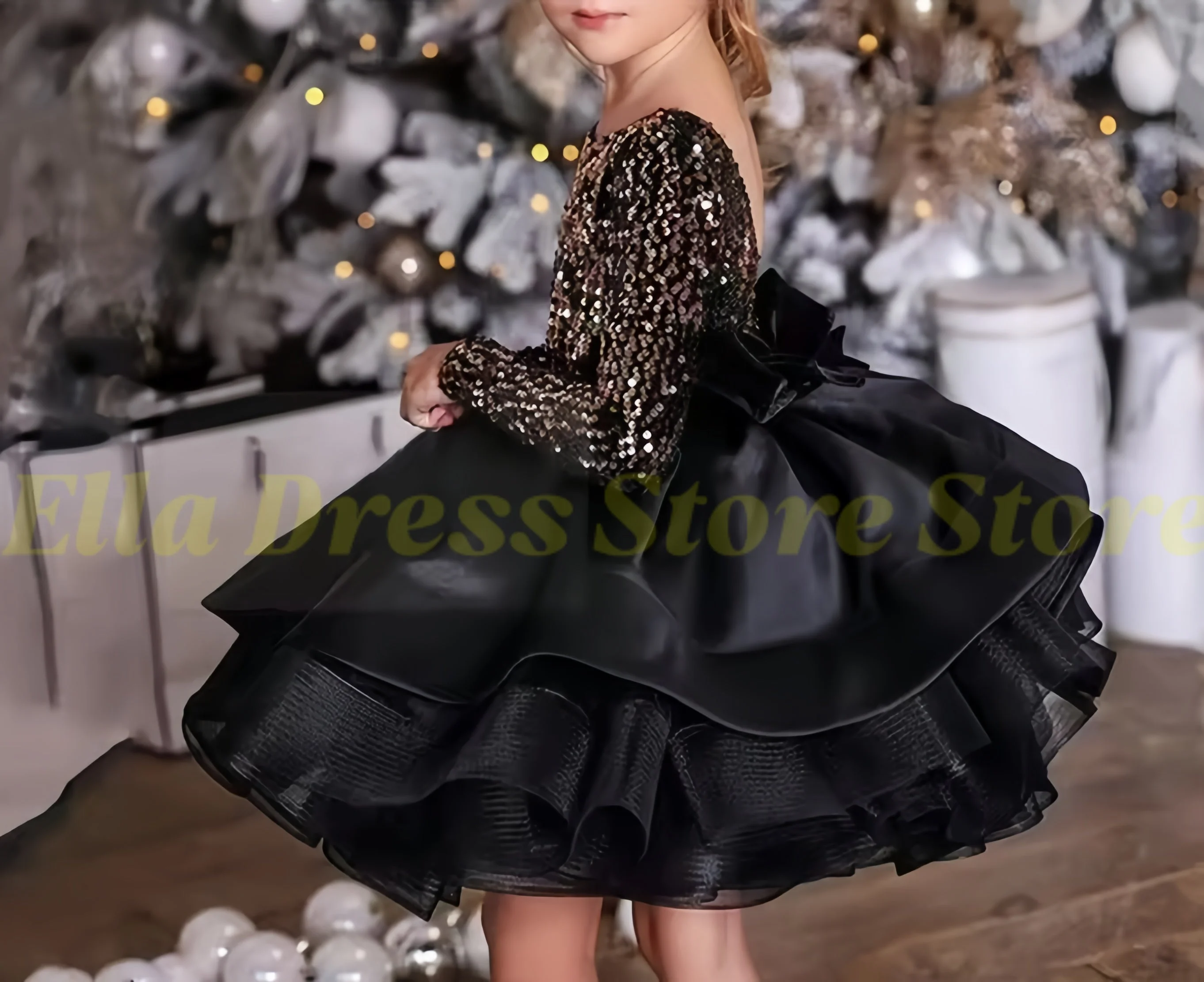 Großhandel Gold-Schwarzes Blumenmädchenkleid mit Langen Ärmeln, Rückenfreiem Rundhalsausschnitt, Rüschen und Stufenrock für Mädchen-Partykleid, Weihnachtsfestzug – Detail 3