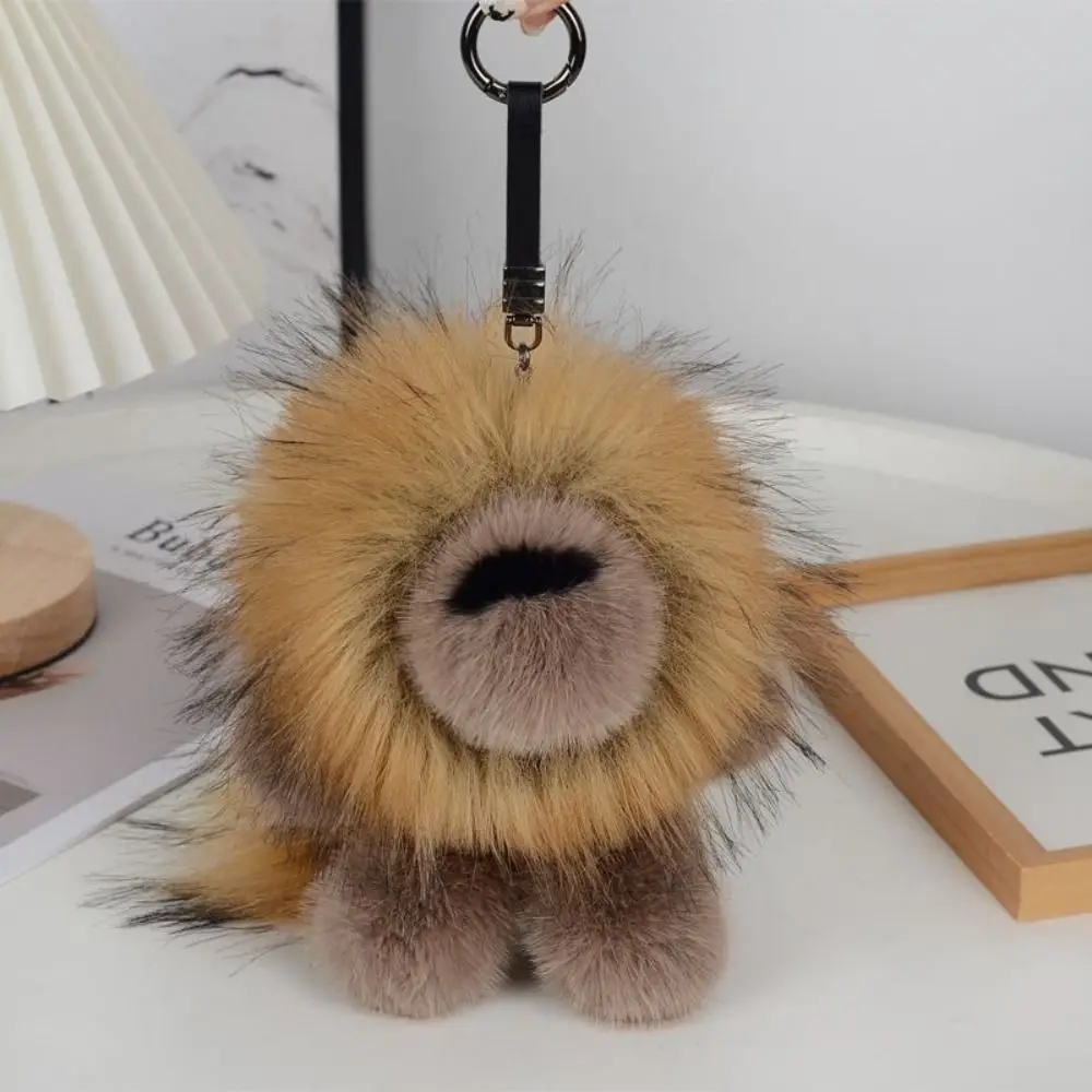 Long Mane Lion Plush Pendant with Tail Stuffed Plush Lion Keychain Ornaments Simulation Rabbit Fur Cute Animal Keychain