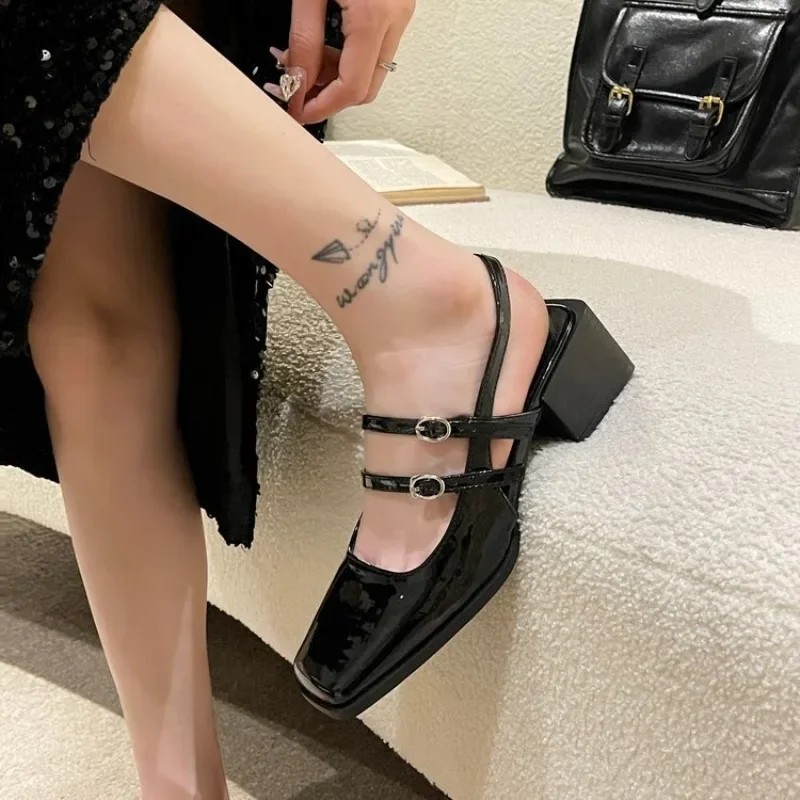 Women\'s Sandals Summer 2024 New Patent Leather Square Toe Buckle Sexy Mary Jane Party Ladies Shoes Back Strap Designer Shoes