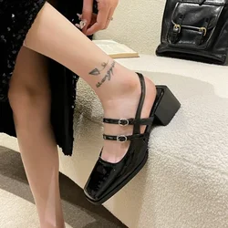 Women's Sandals Summer 2024 New Patent Leather Square Toe Buckle Sexy Mary Jane Party Ladies Shoes Back Strap Designer Shoes