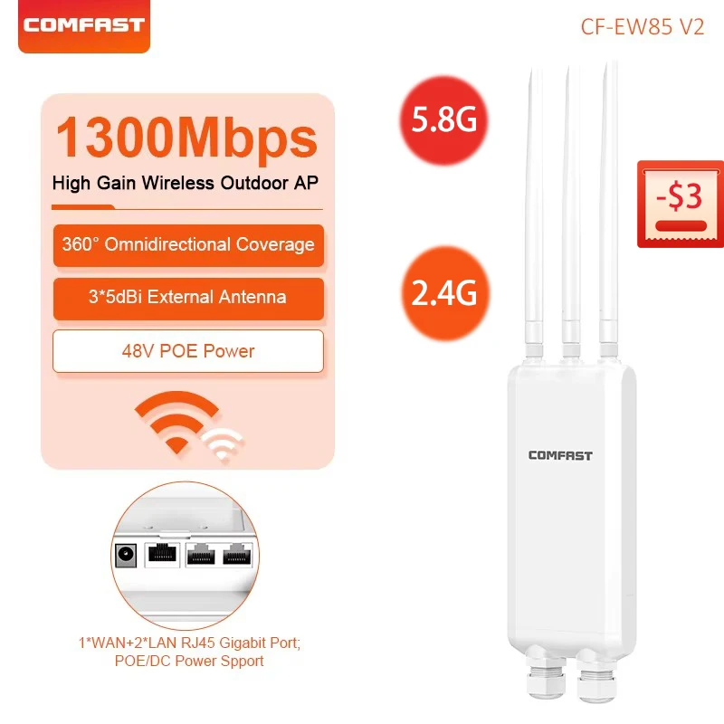 

COMFAST 1300Mbps Wireless Router AP 2.4G/5.8G Long WiFi Extender 3 Gigabit Ports 3 Antenna Weatherproof Wi-Fi Amplifier/Repeater