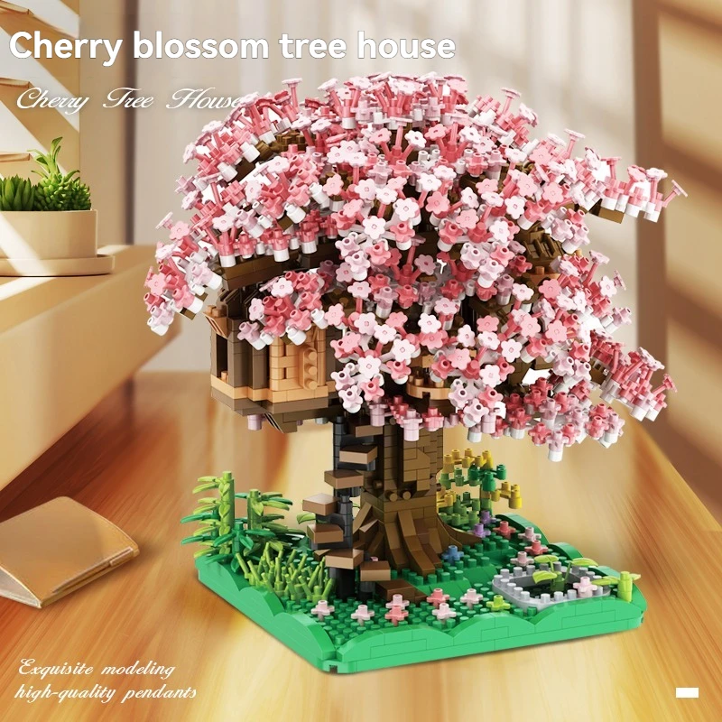 مدينة شارع عرض زهرة الطوب الطوب الصغير شجرة الكرز منزل ساكورا زهر اللبنات مع أضواء DIY نموذج الاطفال هدية #3