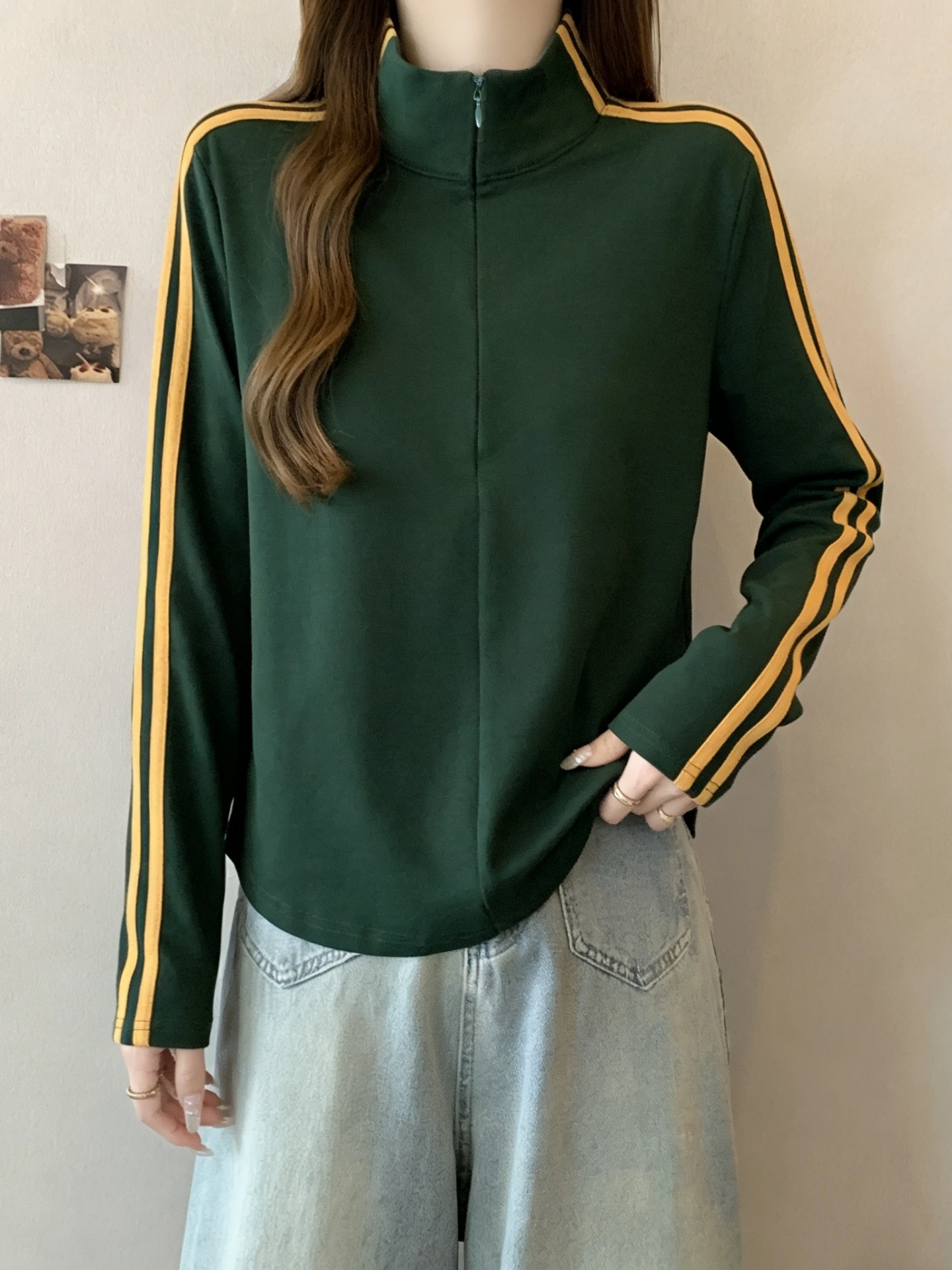Slimming Effect Women's Long Sleeve Hoodie Striped Design Stand Collar Base Layer Shirt Spring Autumn plus Size Fashion Top