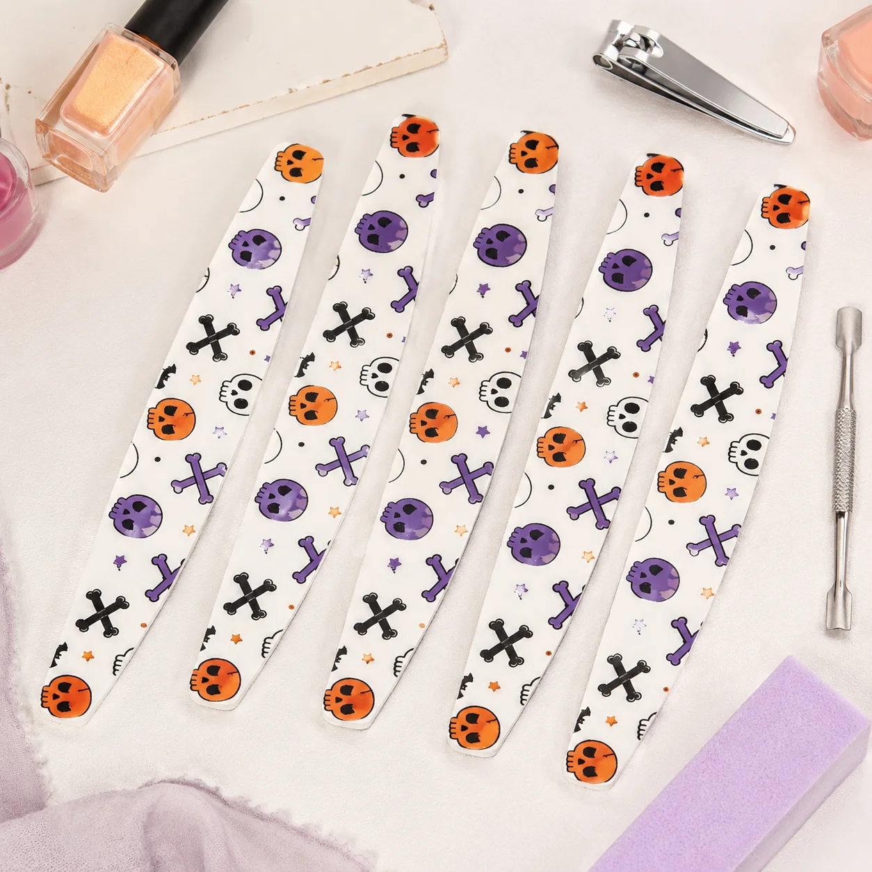 5/10/25pcs Halloween Nail File Buffer, Cute Pumpkin Skull Pattern Curved Emery Board for Manicure Pedicure Nail Art Tools