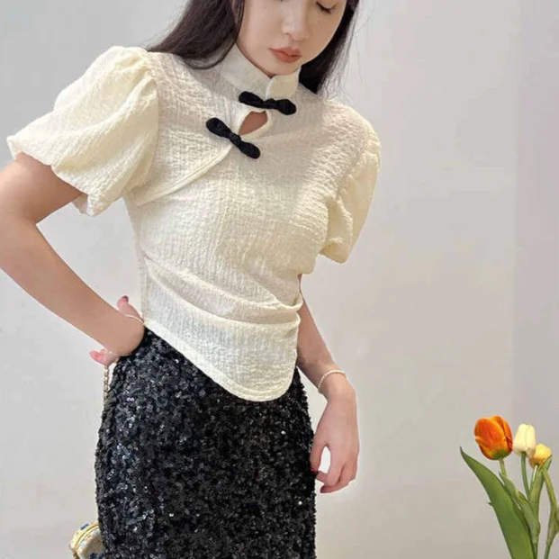 

Ele Women's Bubble Sve irt Stand Collar Button up Slim Fit Chinese National Sle Retro New 2023 Faion Commute