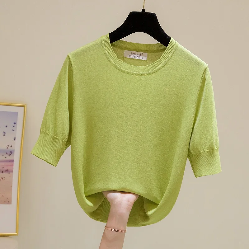 Solid Thin Knitted Short Sleeve Pullover Sweater T-Shirt Women 2021 Summer Causal Simple Top Elegant Office Ladies Slim Tee