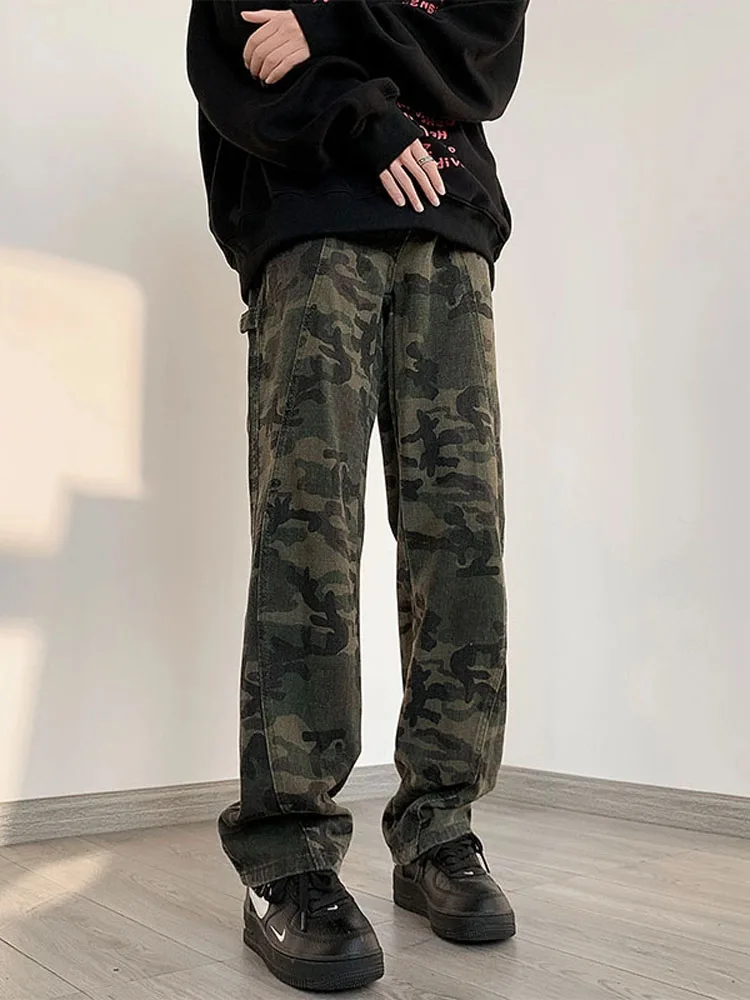 

American Vibe Men's Fce Lined Camouflage Workwear Jeans High Street Logging Denim Pants Autumn Winter Design Straight Leg
