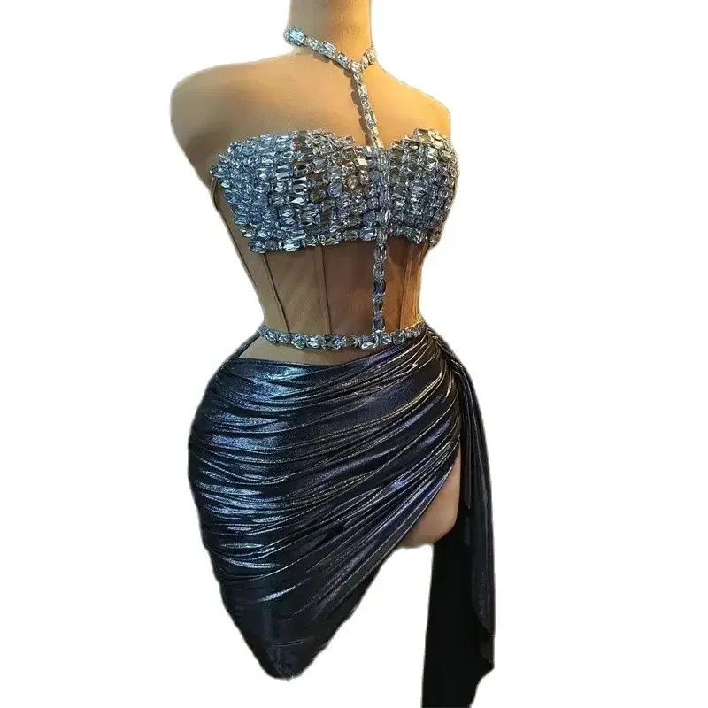 Sexy Strapless Rhinestones Dress Women Party Evening Dresses Party Celebrate Outfits Gogo Dancer Costume Stage Wear