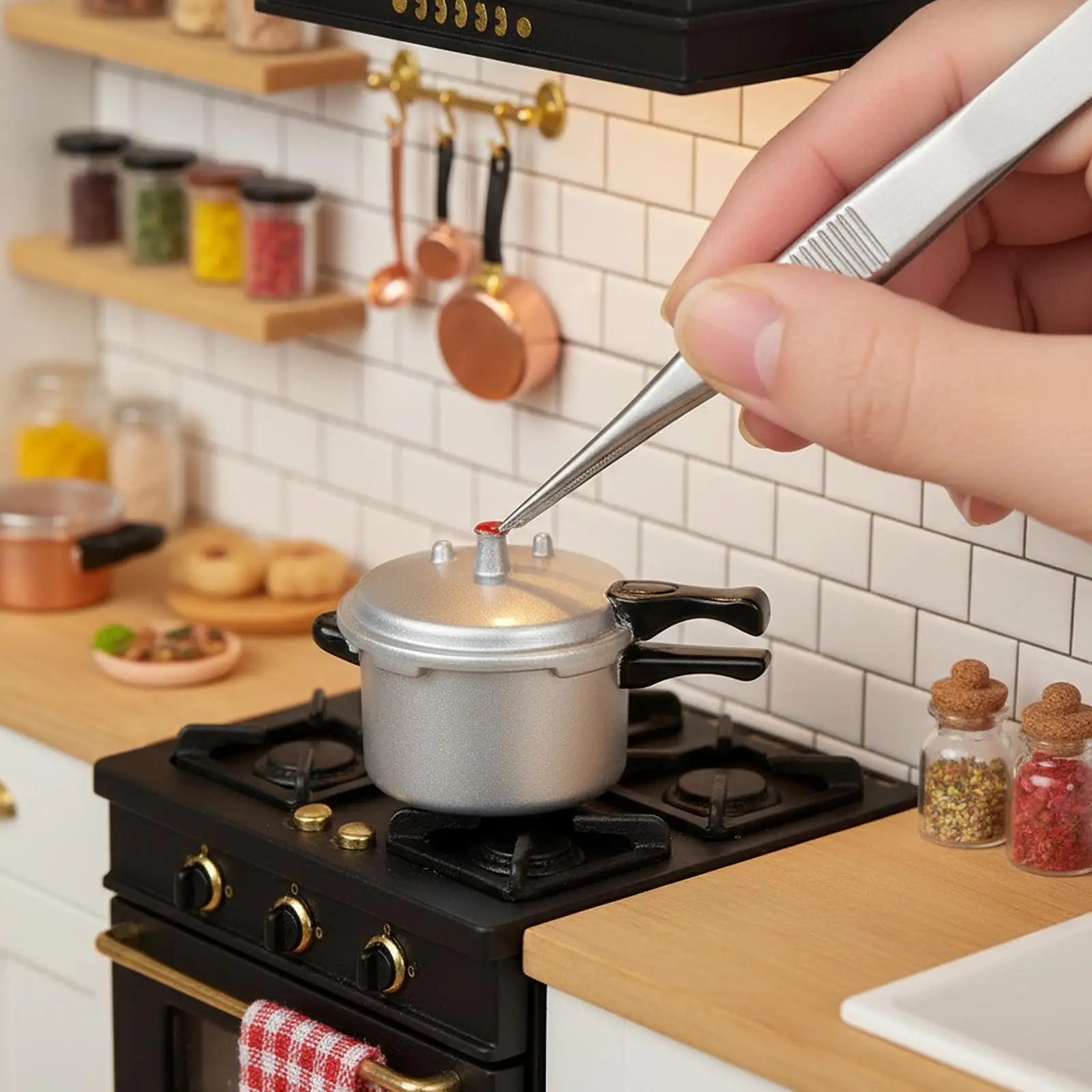 1:12 Miniature Pressure Cooker Model Mini Kitchen Utensils, Mini Toy Cookware for Life Scene Layout, Furnishings