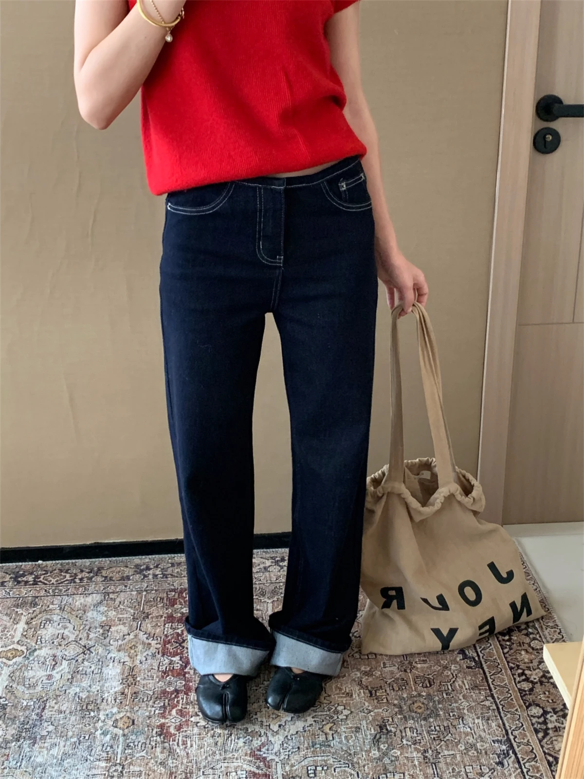 High Waist Slim Fit Straight Leg Denim Jeans Women's Autumn Winter New Style Retro Deep Blue Four Way Stretch Long Pants