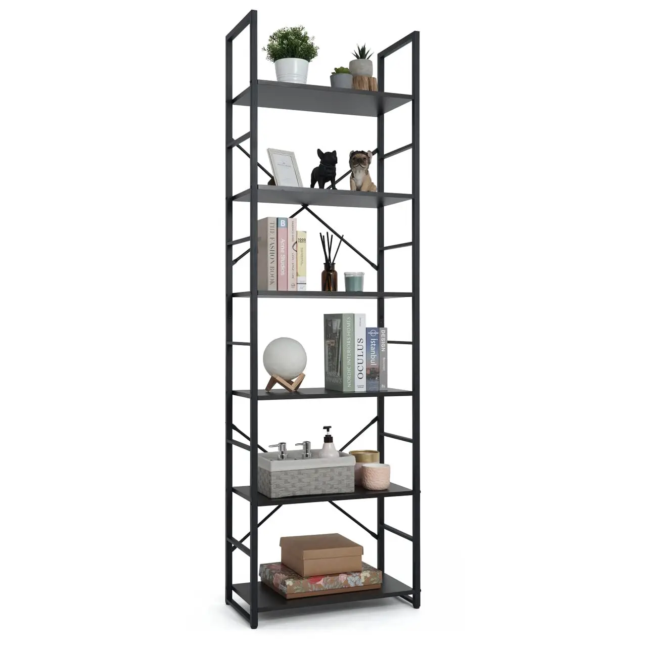 6 Tier Bookshelf 24 Inch Free Standing Storage Organizer Industrial Metal Frame for Home Office Living Room Kitchen, Customized