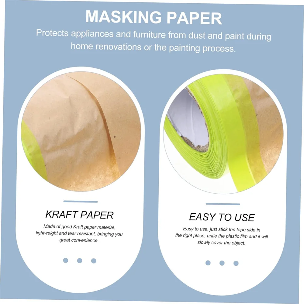 3 Rolls Pre-Taped Masking Paper Tape, Paint Plastic Covering For Wall Covering, Frames, Cars Auto Body Paint Supplies