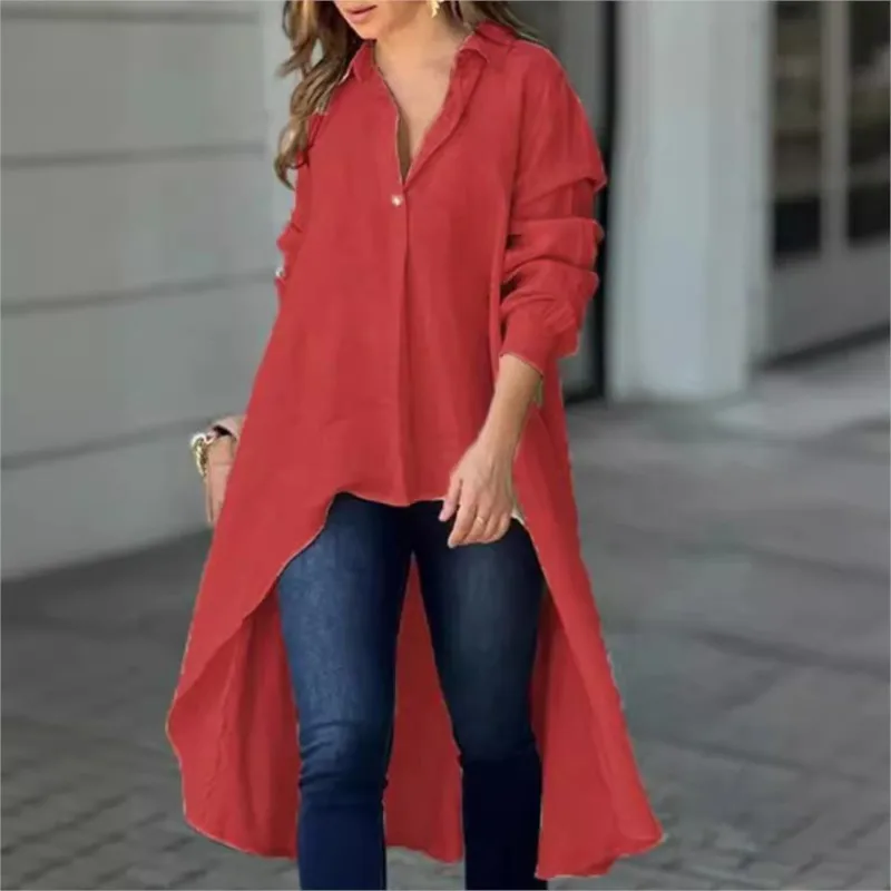 Autumn New Women's Irregular Shirt Fashion Solid Color Long Sleeve Single-row Buckle Loose Long Tops Ladies Spring Basic Blouses