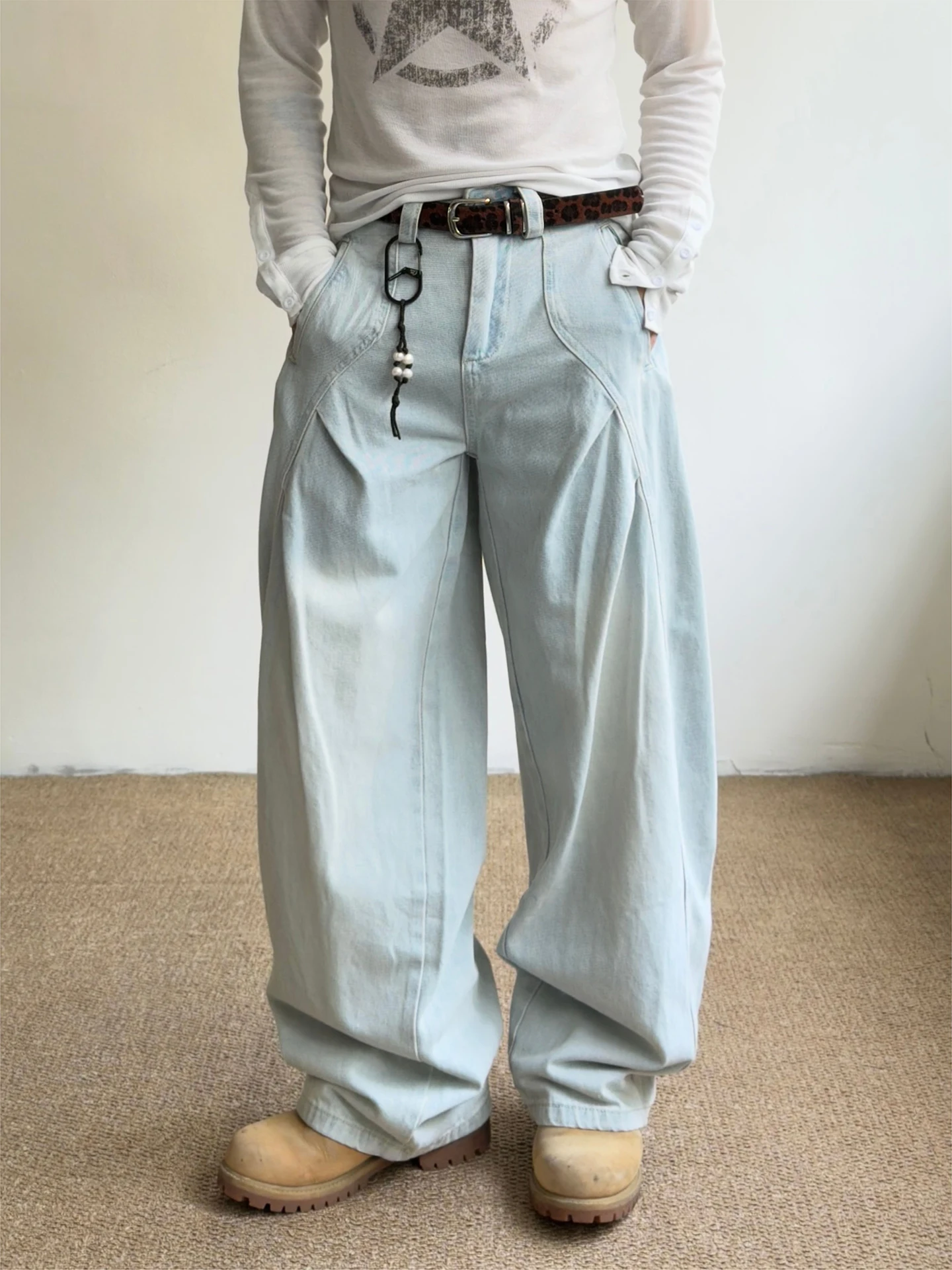 Calças Jeans Azuis Lavadas Estilo Americano Retrô para Homens e Mulheres, Desconstruídas, Largas e Confortáveis, Unissex