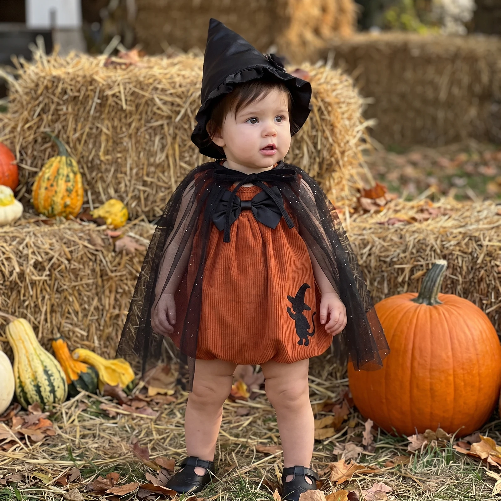 Fashion Baby Girl Halloween Costume Orange Sleeveless Corduroy Tops Cloak Witch Hat Halloween Cosplay