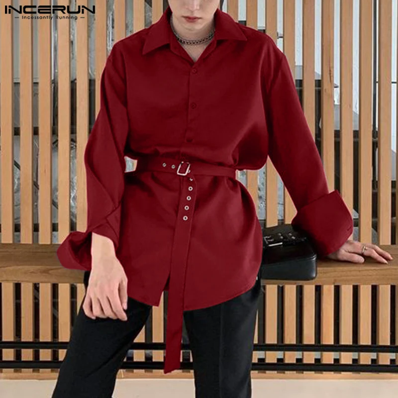 

Handsome Well Fitting Tops INCERUN New Men's Mesh Belt Design Solid Shirt Stylish All-math Simple Long Sleeved Blouse S-5XL 2025