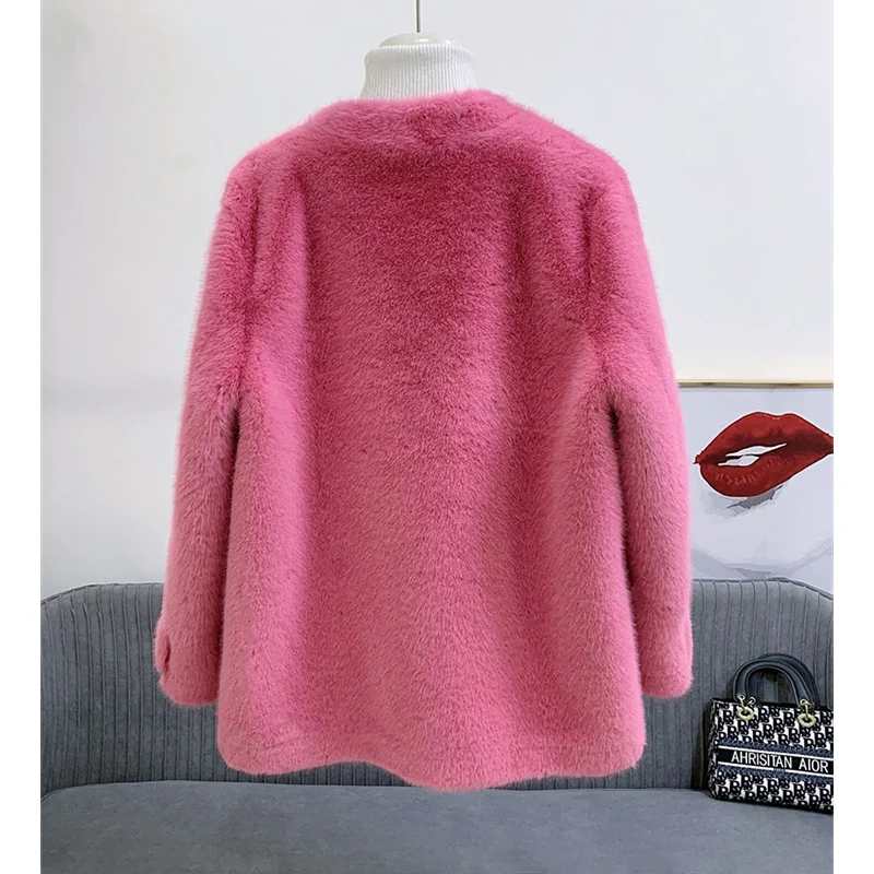 2023 Winter Jackets Women Imitation Mink Fur Faux Fur Coat Fabric Thick Warm Outerwear Oversize Fashion Streetwear V-neck Coats