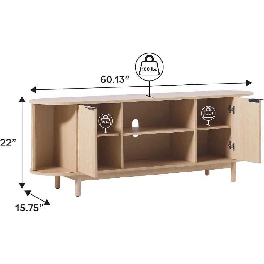 Modern Curved Reeded TV Stand for TVs up to 70 Inches, Credenza with Sliding Doors and Adjustable Shelves, TV Stand with Cord M