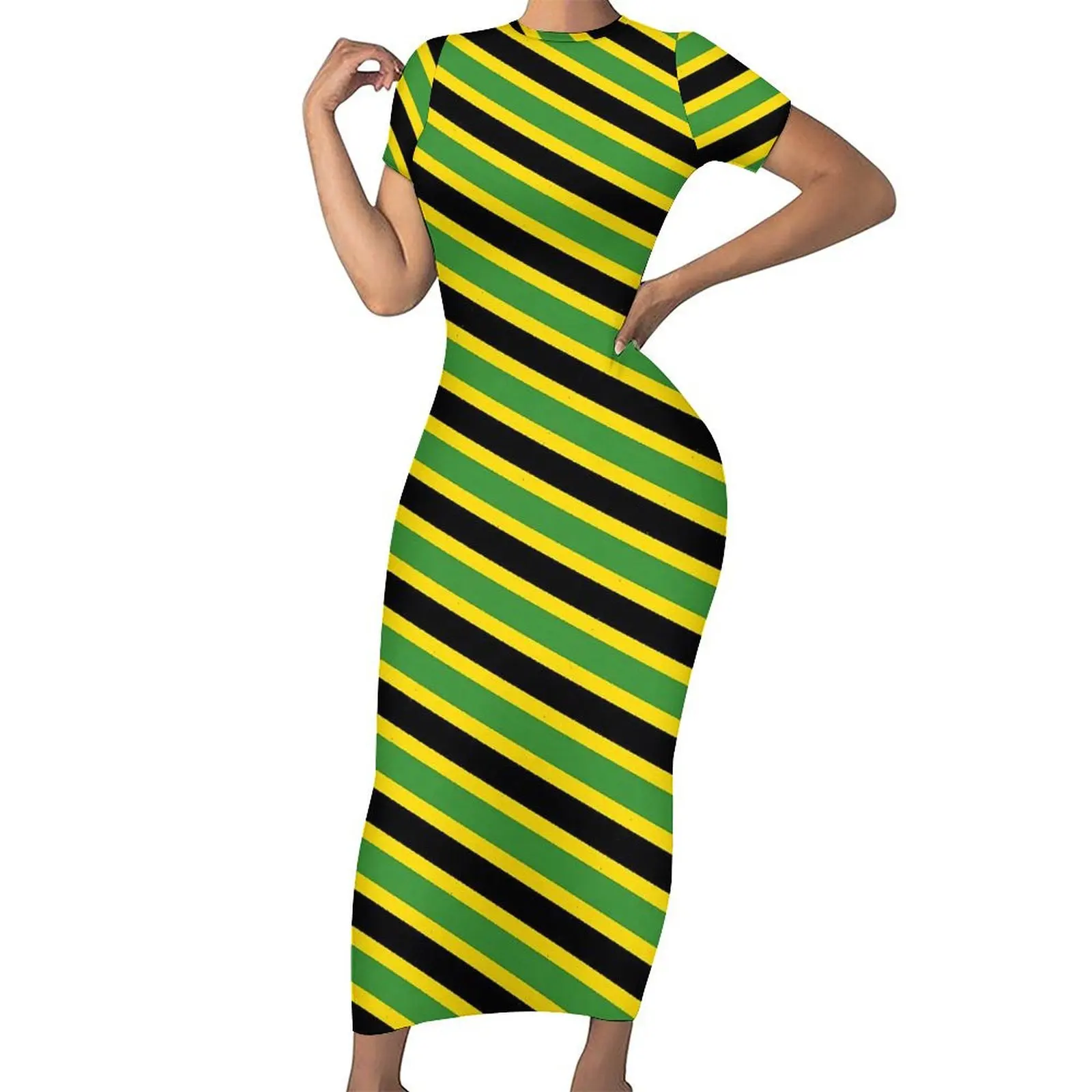 

Jamaica Flag Bodycon Dress Ladies Green Yellow Stripes Sexy Maxi Dresses Summer Short Sleeve Aesthetic Graphic Big Size Dress