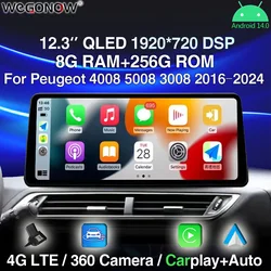 QLED 1920*720 LTE Carplay Auto Android 14.0 8G+256G Car DVD Player GPS WIFI Bluetooth Radio For Peugeot 4008 5008 3008 2016-2024