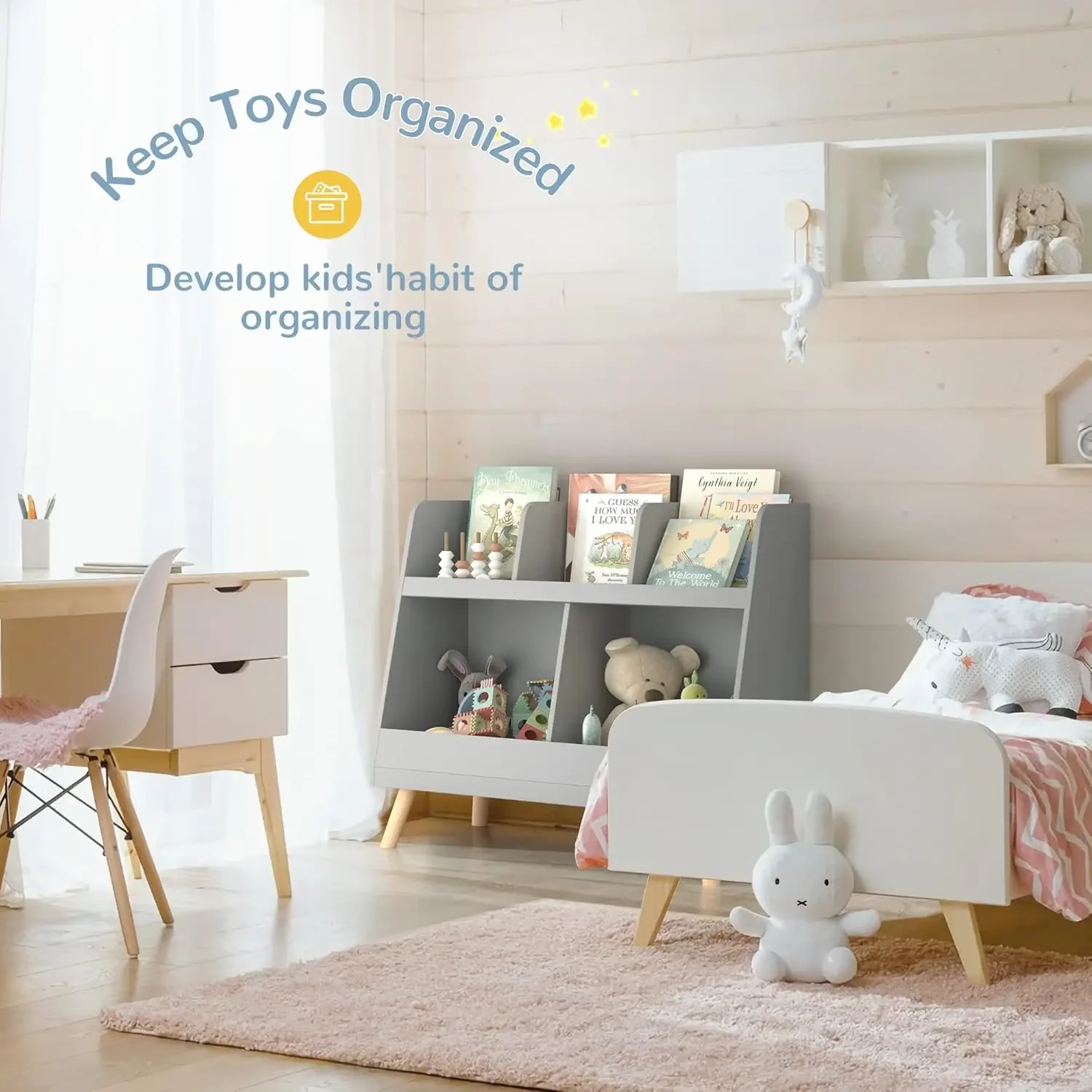 Organizador de brinquedos, cinza, 5 cubículos, estilo moderno, madeira, 32,4x12,5x27,3 polegadas, 32,5 libras