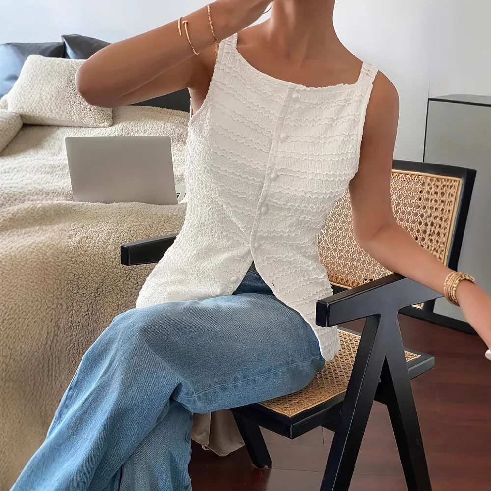Elegante weiße ärmellose Damen-Tops mit Spaghettiträgern, Knopfleiste, plissiert, lässige Bürokleidung, modische einfarbige T-Shirts für den Frühling