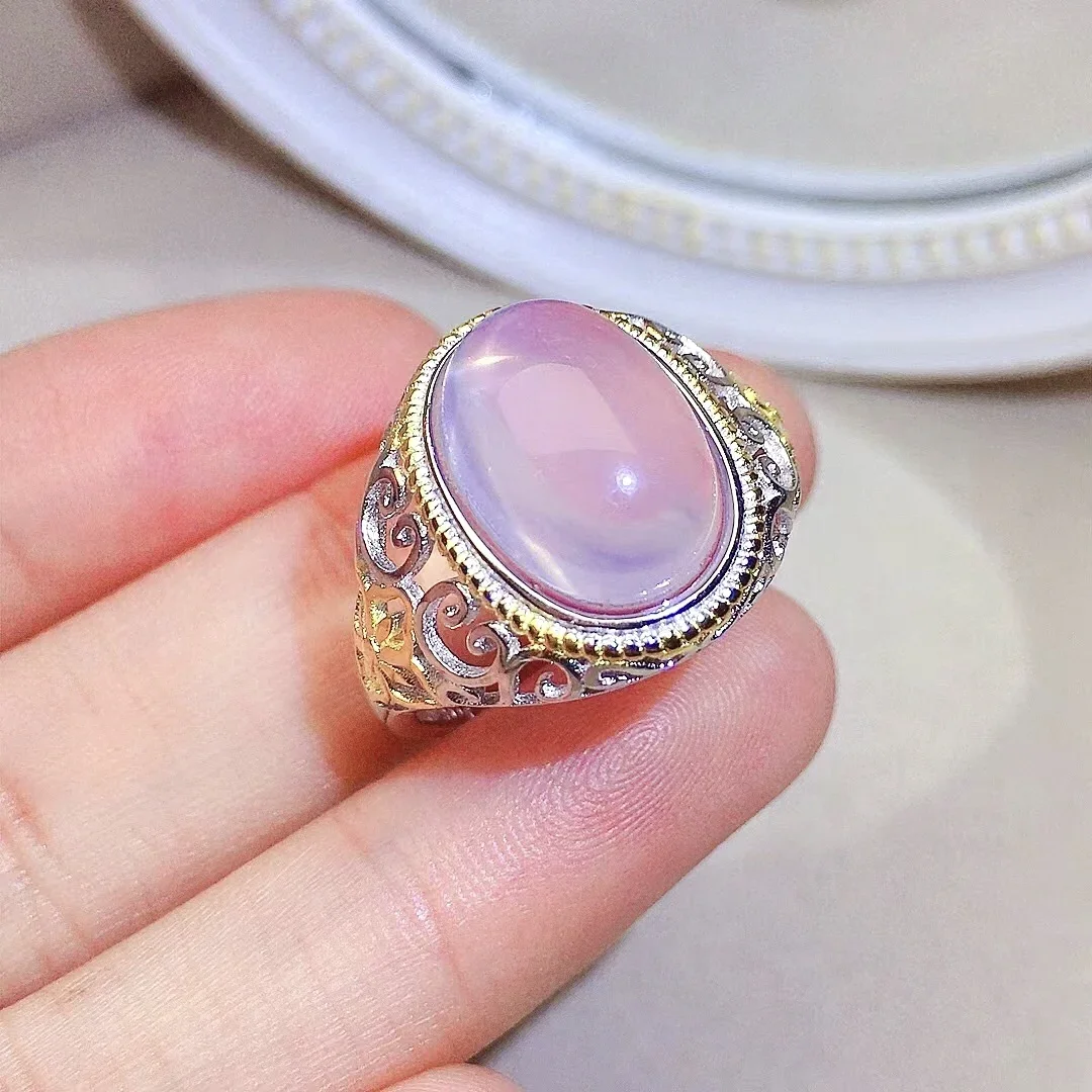 خاتم كوارتز وردي فاخر 10 مللي متر * 14 مللي متر 6ct كوارتز وردي طبيعي 925 خاتم فضة 18K طلاء الذهب مجوهرات كوارتز وردية