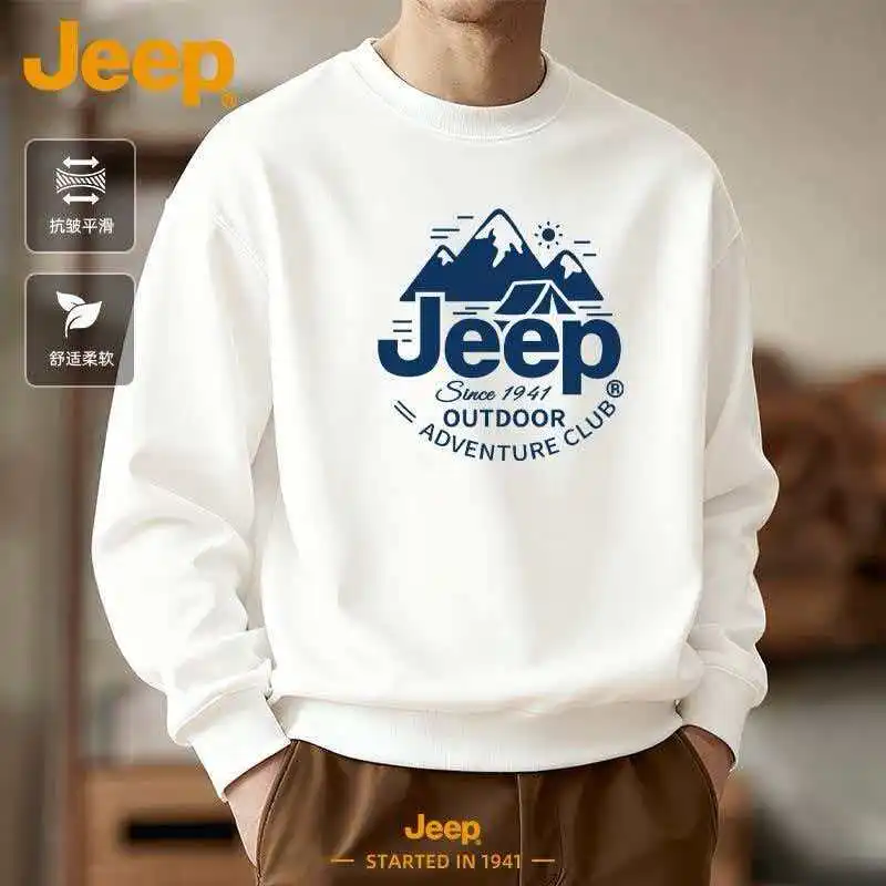 2026 New Arrival JEEP Men's Loose Printed Sweatshirt, Crew Neck Capless Hoodie, Spring Autumn Casual White Versatile Outerwear — купить у AliExpress WW