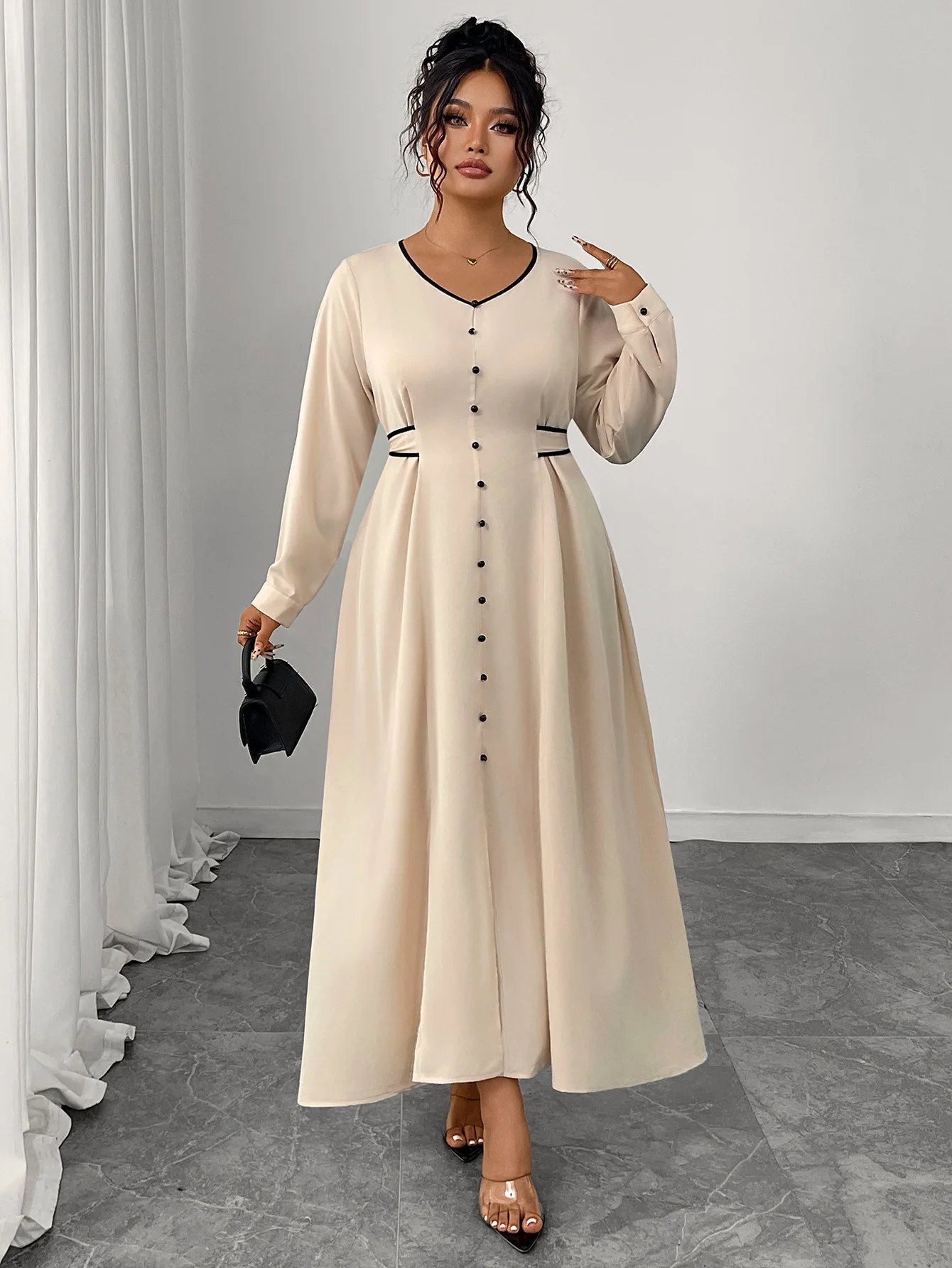 

2025 New Plus Size V Neck Button Front Slit Maxi Dress Women's Spring Fall Elegant Solid Color Long Sleeve Dress Casual Gown