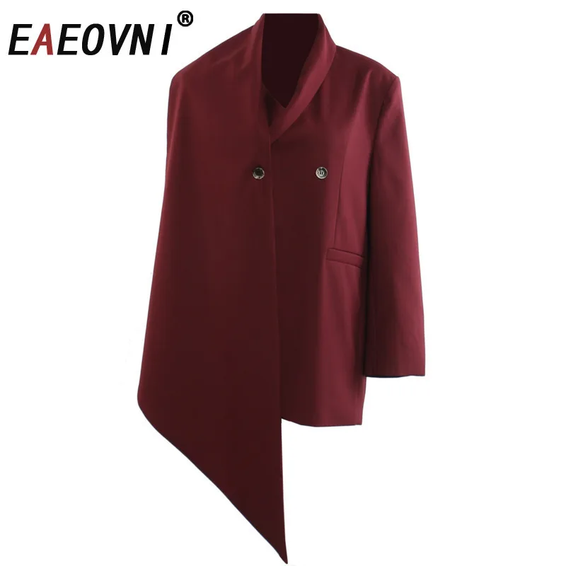 

EAEOVNI 2025 Irregular Patchwork Design Suit Blazer For Women Double Button Solid Color Jacket Coat Fashion New Clothing 1A1112