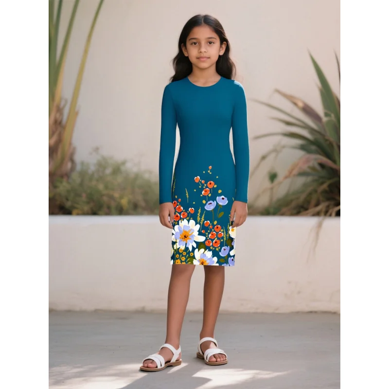 2025 Girls' Peacock Blue Long Sleeve Dress with Colorful Floral Prints Children's Slim Fit Art Style Dress