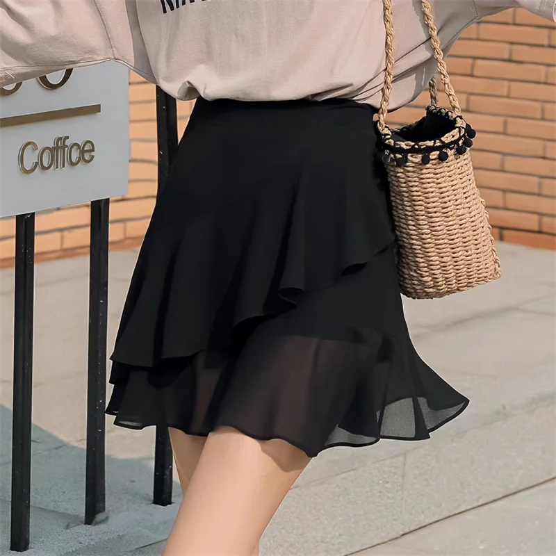 Women High Waist Vintage Ruffled Mini Skirt Boho Summer Sexy Chiffon Skirts Aesthetic Hot Y2k Skirts Solid Color A-line Skirt