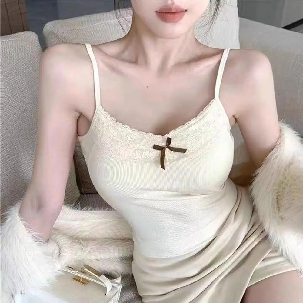 الحلو الدانتيل Bowknot رداء علوي من دون أكمام للنساء القمم مضلع بروتيل المرأة الصيف الأساسية مطاطا TankTop مع وسادة الصدر Y2k الفتيات قطعة واحدة سترة