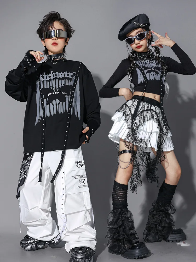 2026 Boys Hip Hop Costume Set Letters Sweatshirt Vest Cargo Pants Girls Group Jazz Street Dance Clothes Kids K-pop Streetwear