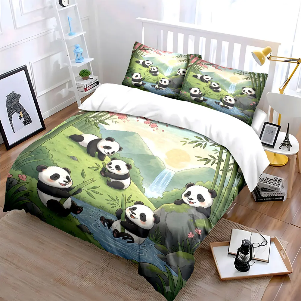 Cute pandas playing in bamboo forest stream Bedding Set for Kids Luxury Gift 3pcs Digital Print Comforter Set Soft Comfortable