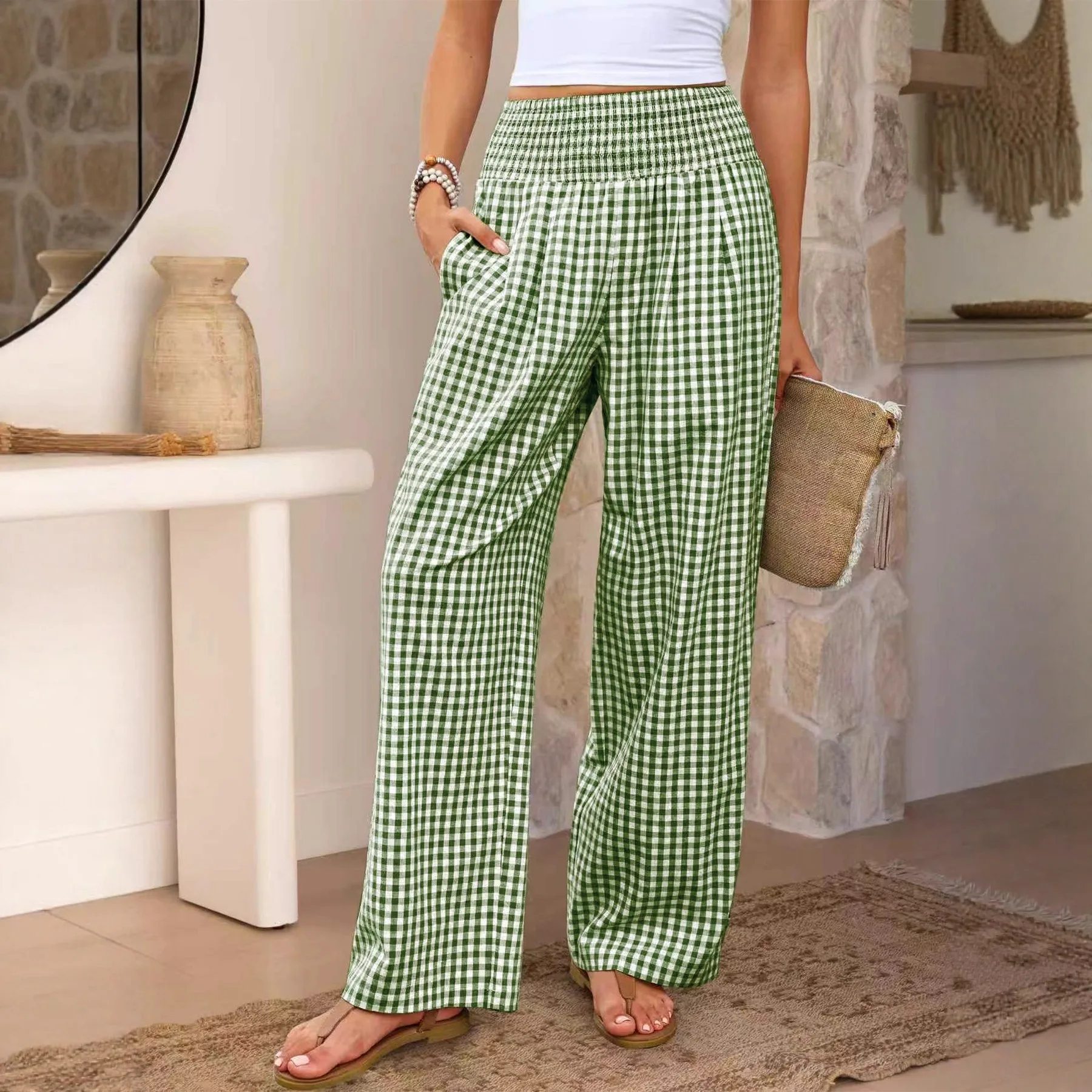 2025 primavera y otoño nuevos pantalones casuales a cuadros sueltos transfronterizos moda mujer Casual cintura elástica pantalones de pierna ancha