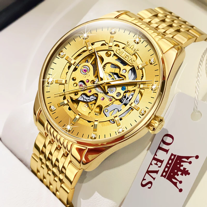 OLEVS Herrenuhren, luxuriöses goldenes Skelett, automatische mechanische Armbanduhr für Herren, wasserdicht, Edelstahl, leuchtendes Business