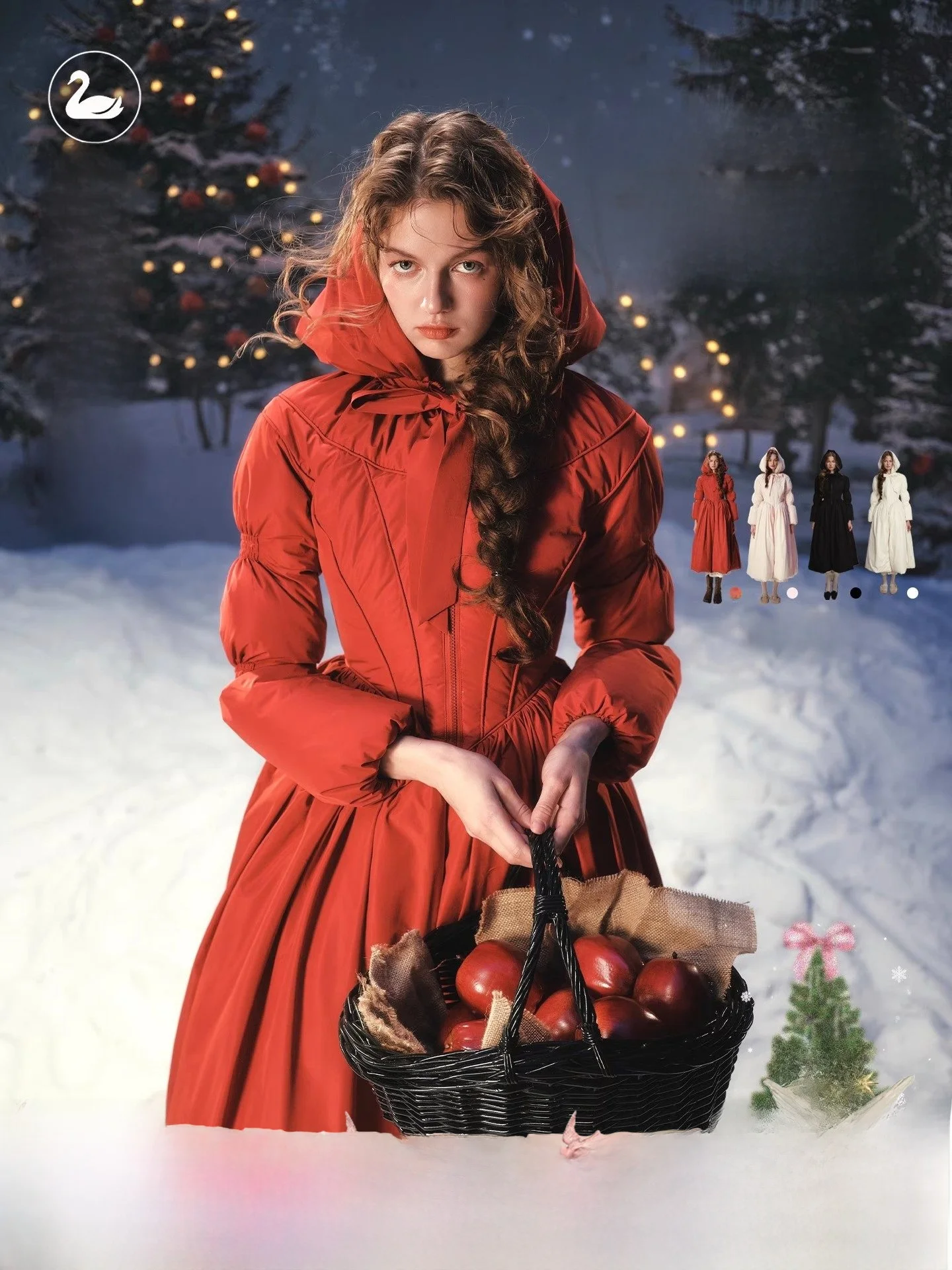 LaceMade Übergröße Damen Langer Daunenmantel Rot Cisas Neujahrs-Mantel Französischer Stil Abnehmbare Kapuze Hohe Taille Warm Damenmantel