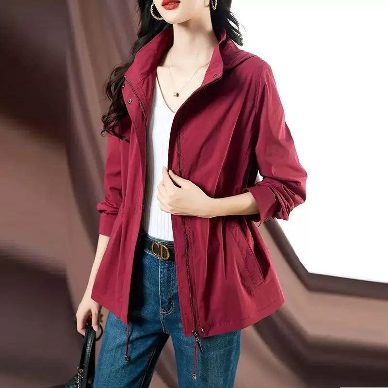 

Women's Petite Hooded Trench Coat Stand Collar Long Sleeve Drawstring Waist Slim Fit Casual Lightweight Mom Jacket In Navy Blue