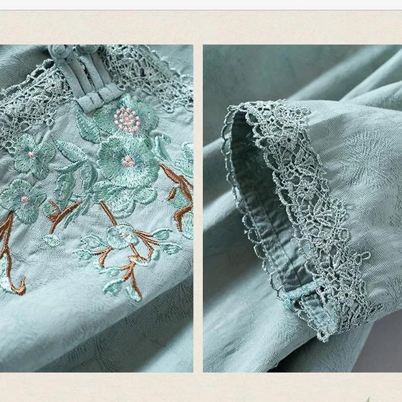 Summer New Solid Color Fashion Three Quarter Shirt Women High Street Casual Loose Button Embroidered Lace Patchwork Pullovers