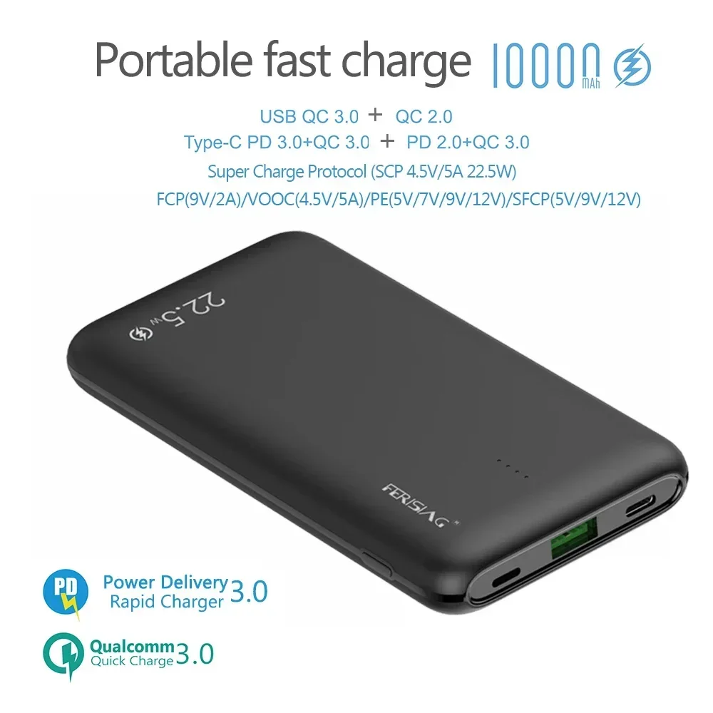 FERISING 5A VOOC Super Fast Charger 10000mah Power Bank USB Type C External Battery PD QC 3.0 Powerbank for Oneplus 6T 7 8 9 10