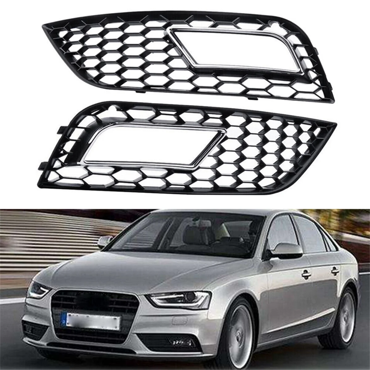 Chrome Front Bumper Fog Light Cover Honeycomb Grill for Audi A4 B8.5 Standard Edition 2013-2016