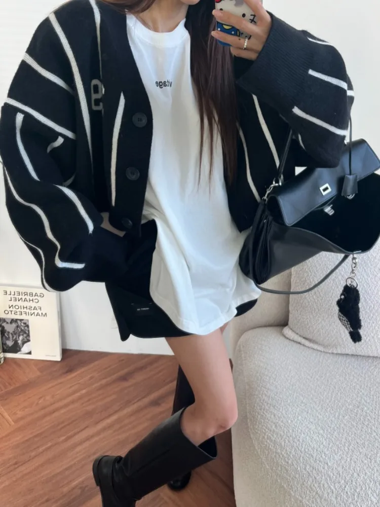 الأمريكية الرجعية المطبوعة تريكو Jaet المرأة ort سترة مخططة ربيع الخريف جديد Sle تنوعا عارضة مريحة #5