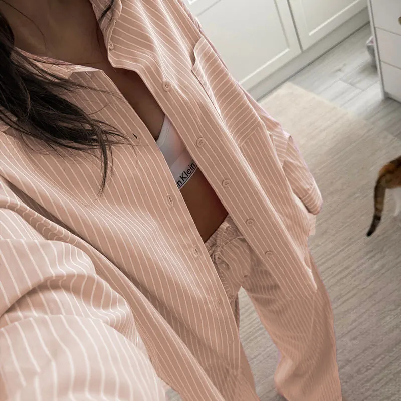 Dsmtrc feminino casual listra azul solto ternos botões camisa + calça com cordão 2025 nova moda verão feriados simples conjuntos elegantes