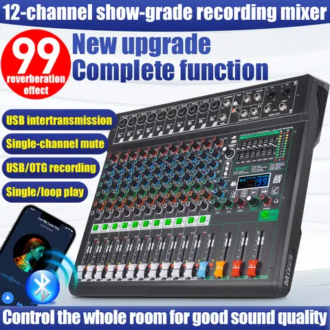 NXG XF12 12 Channel Audio Mixer with 99 DSP Digital Effects, Bluetooth USB OTG Recording Sound Mixing Console, 48V Phantom Power, 7-Band EQ, Independent Channel Mute for Stage Live Karaoke