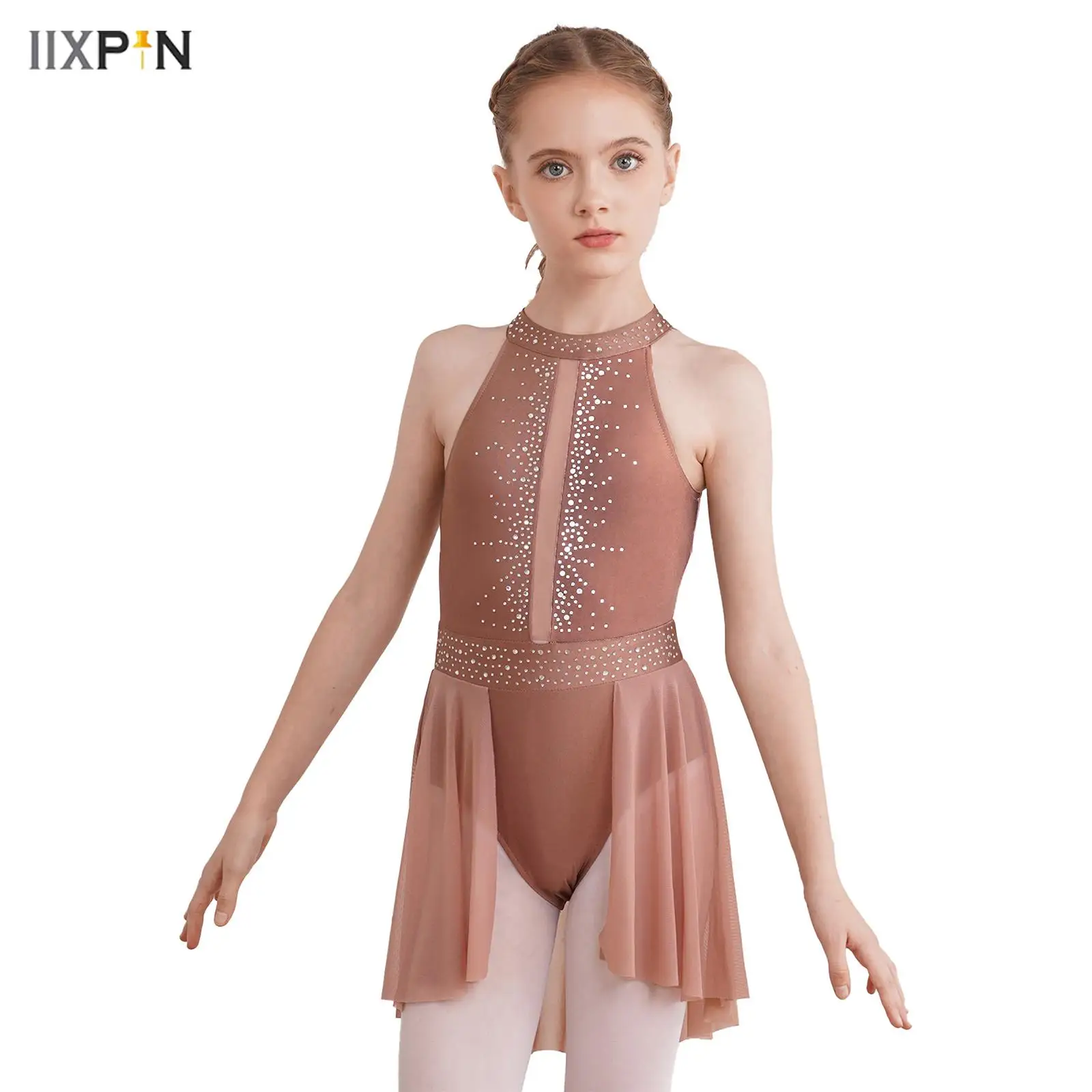 

Gymnastics Ballet Leotard Dress for Kids Girls Shiny Rhinestone Sleeveless Contemporary Lyrical Dance Dress Ballerina Dancewear