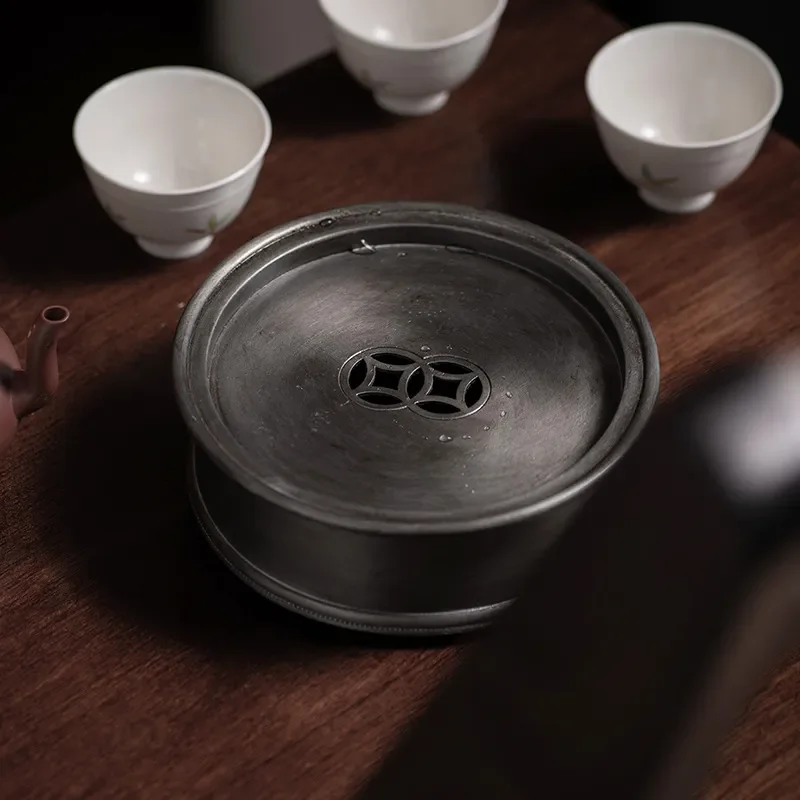 Retro Tin Tea Tray Kung Fu Set Ancient Style Water Storage Pot Pad Dry Brewing Tableware Bearing Plate for Home Office Decor