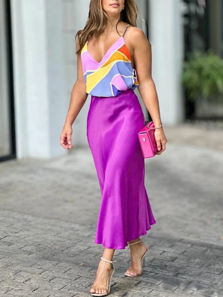 2023 Summer Women's Satin Skirt Elegant Purple A Line Shiny Skirt High Waist Mid-length Skirts Red Office Midi Skirts for Female