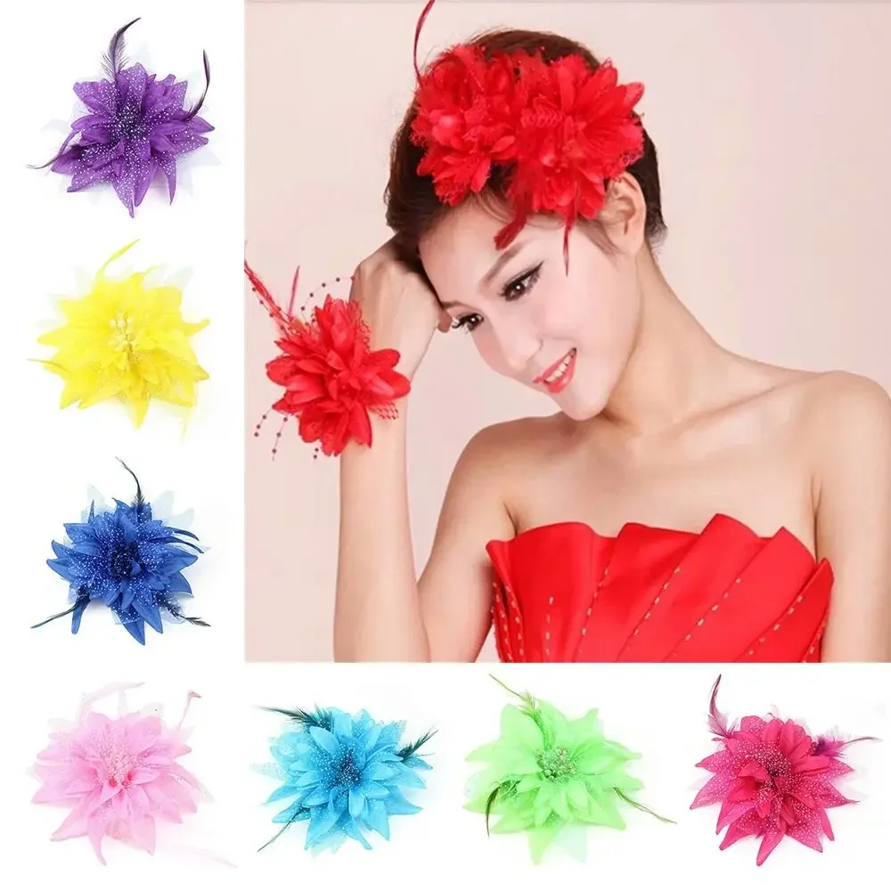 Fashion Brooch Feathers Hair Clip Flower Beads Bridal Hairpin Headdress Feather Corsage Wrist Flower for Ladies Children's