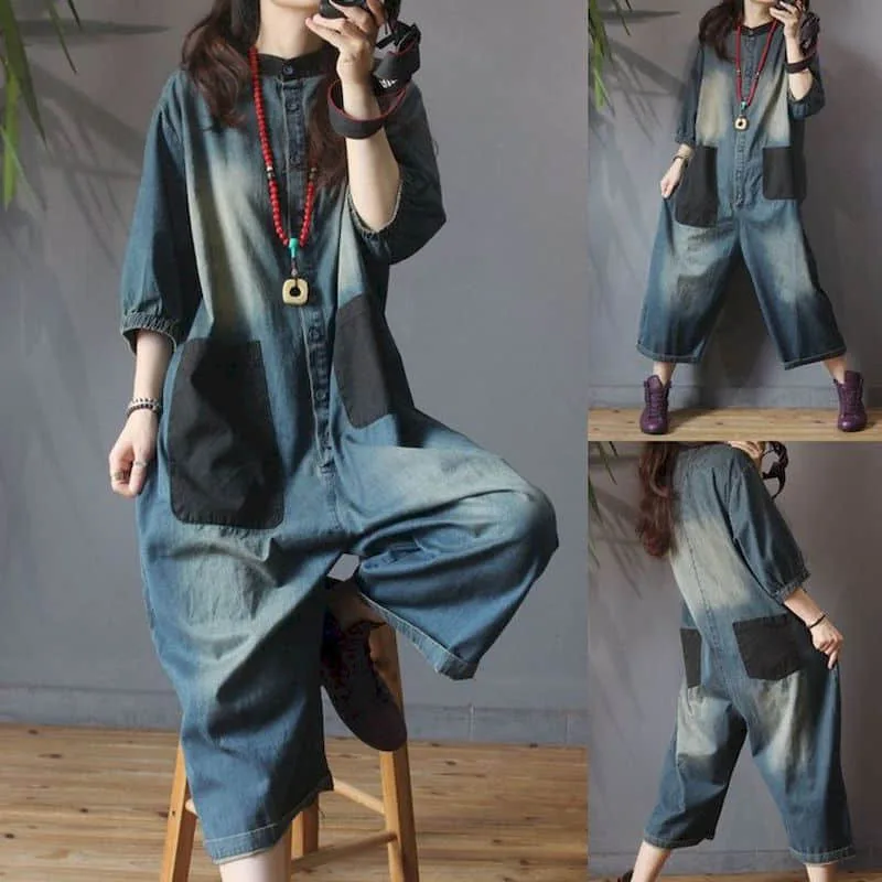 New Denim Wide Leg Jumpsuit Oversized Women Vintage Pocket Jumpsuit Trend Loose One Piece Outfit Female Casual Nine-point Romper